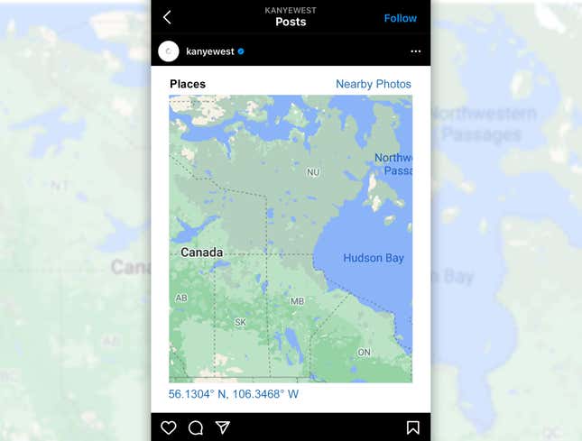 Image for article titled Kanye West Doxxes Drake By Sharing Map Of Canada On Instagram