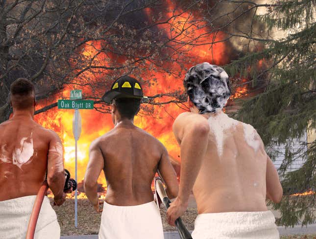 Image for article titled Towel-Clad Firefighters Race To Scene Straight From Shower