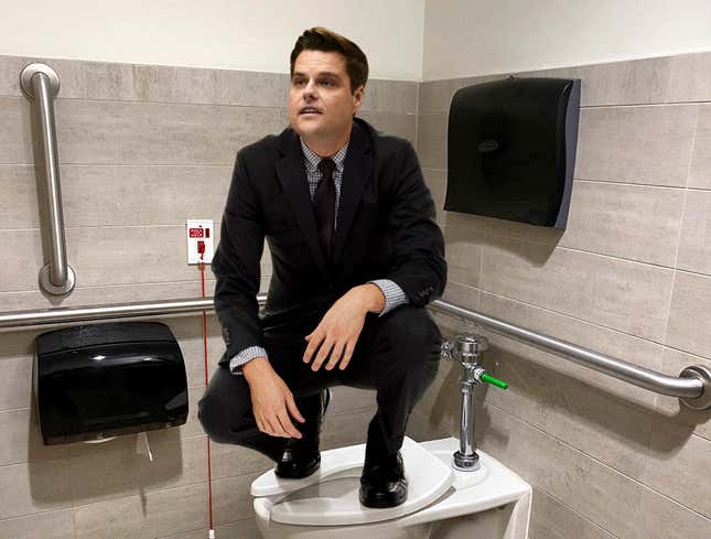 Image for article titled Frightened Matt Gaetz Tucks Legs Up As Federal Agents Search Middle School Girls’ Bathroom Stalls